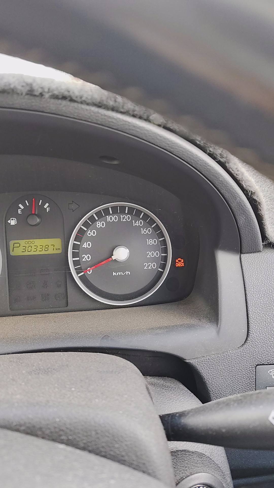 A dashboard with the check engine light on, brought in to Midtown Motor Repairs